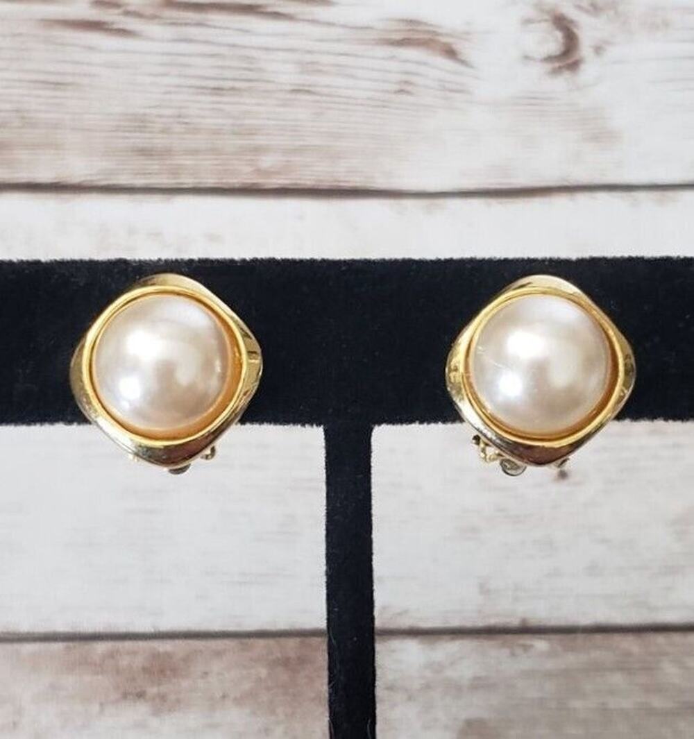 Vintage Clip On Earrings Diamond Shape Halo with Faux Pearl Dainty 5/8"